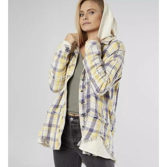 Free People shacket hoodie shirt small S yellow plaid oversized relaxed boho - Picture 1 of 6